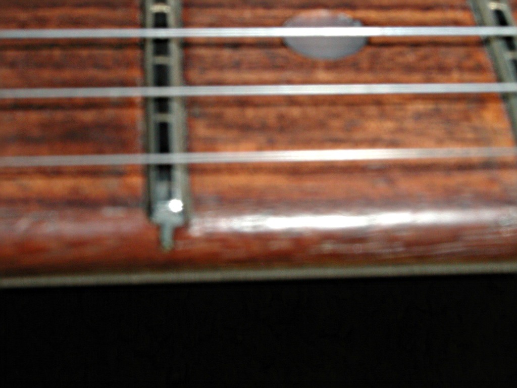 Extreme close-up, blurry shot of guitar strings and wooden fretboard, warm brown tones
